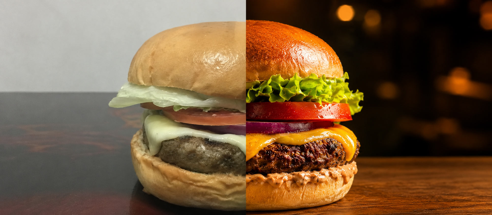 Hambúrguer dividido entre foto amadora e foto tratada