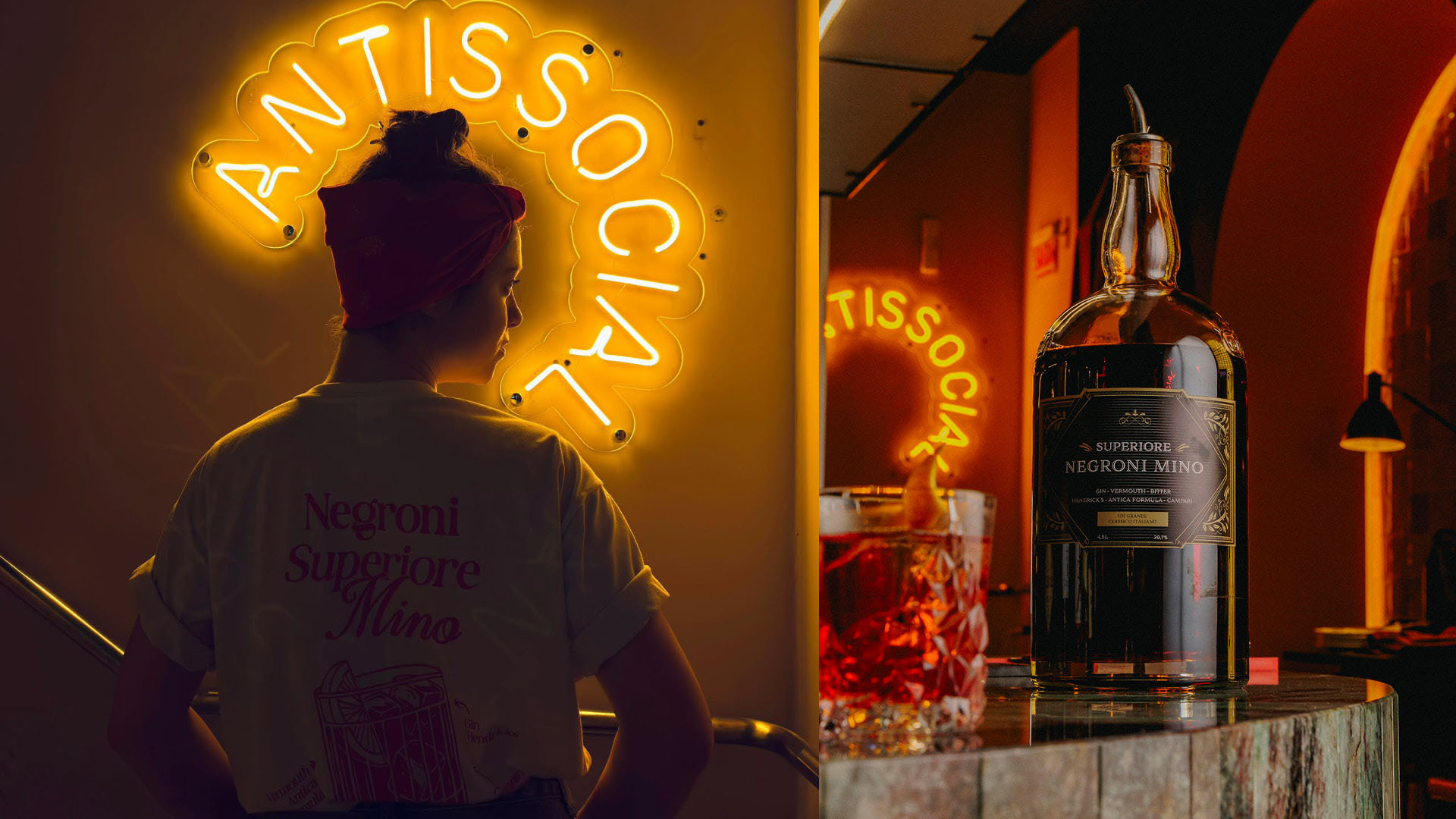 Campanha Negroni — camiseta Negroni Superiore Mino diante do neon Antissocial