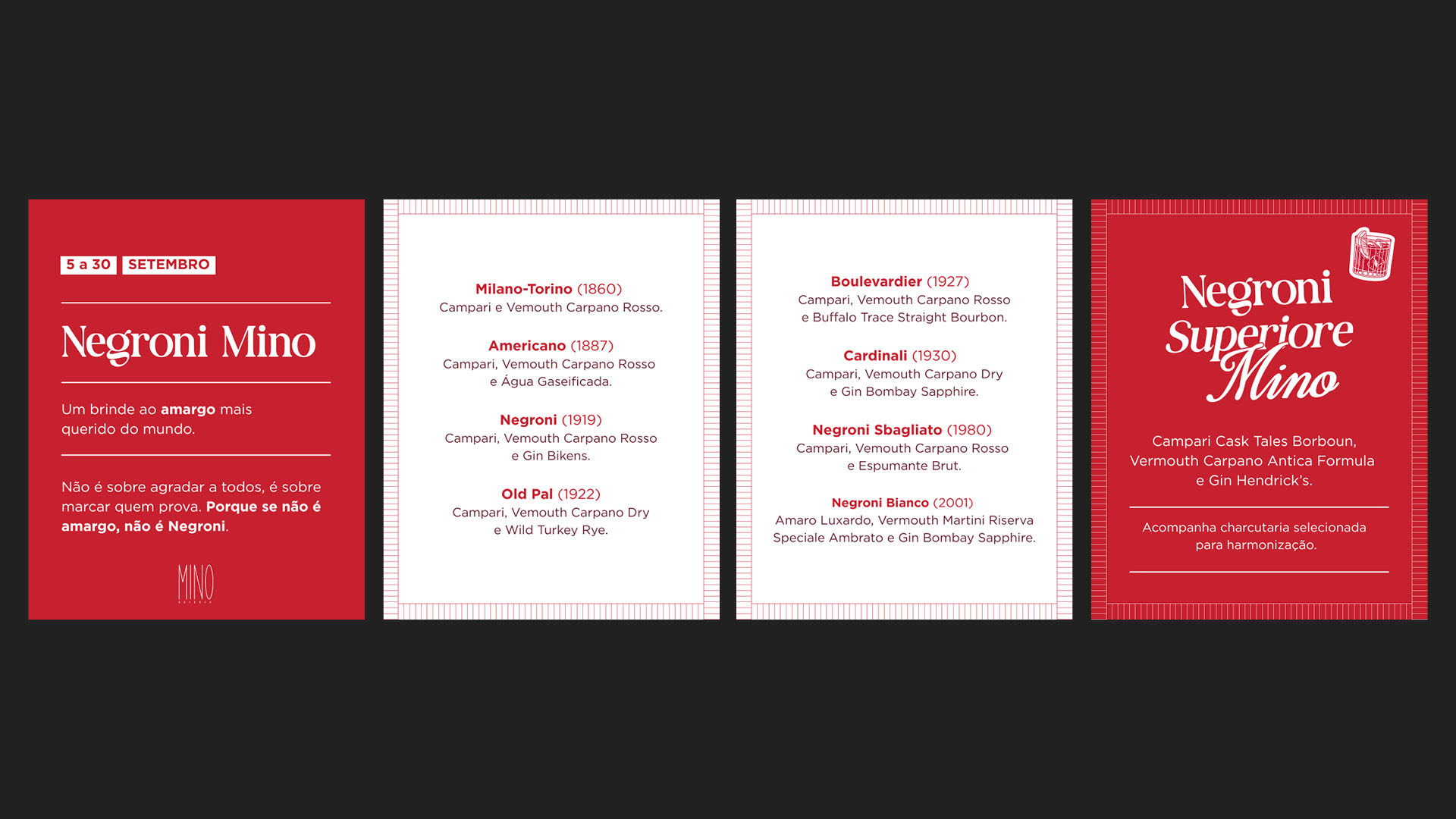Cartões da carta Negroni Mino com os clássicos Milano-Torino, Americano, Negroni, Old Pal, Boulevardier e Cardinali