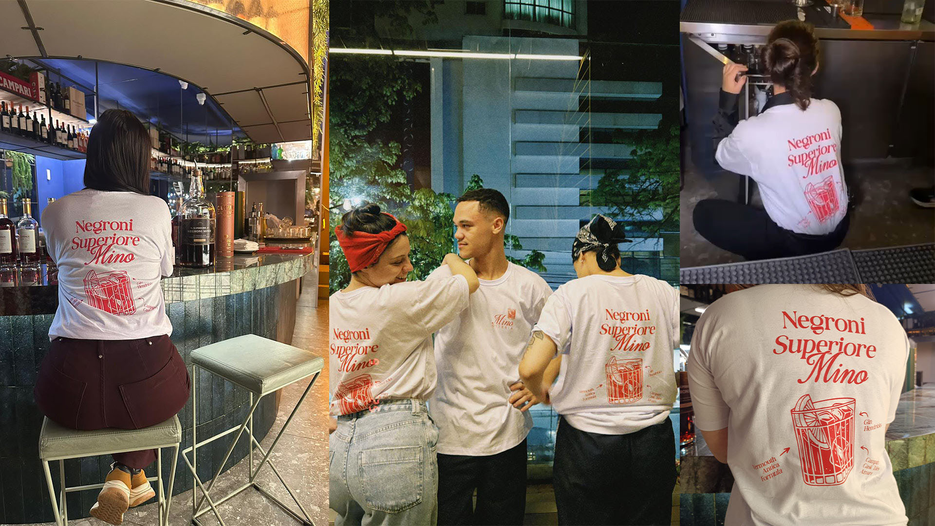 Equipe da Mino Osteria usando as camisetas Negroni Superiore Mino no salão e no bar