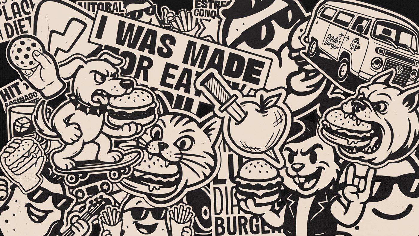 Potato's Burger — parede de adesivos com mascotes da marca