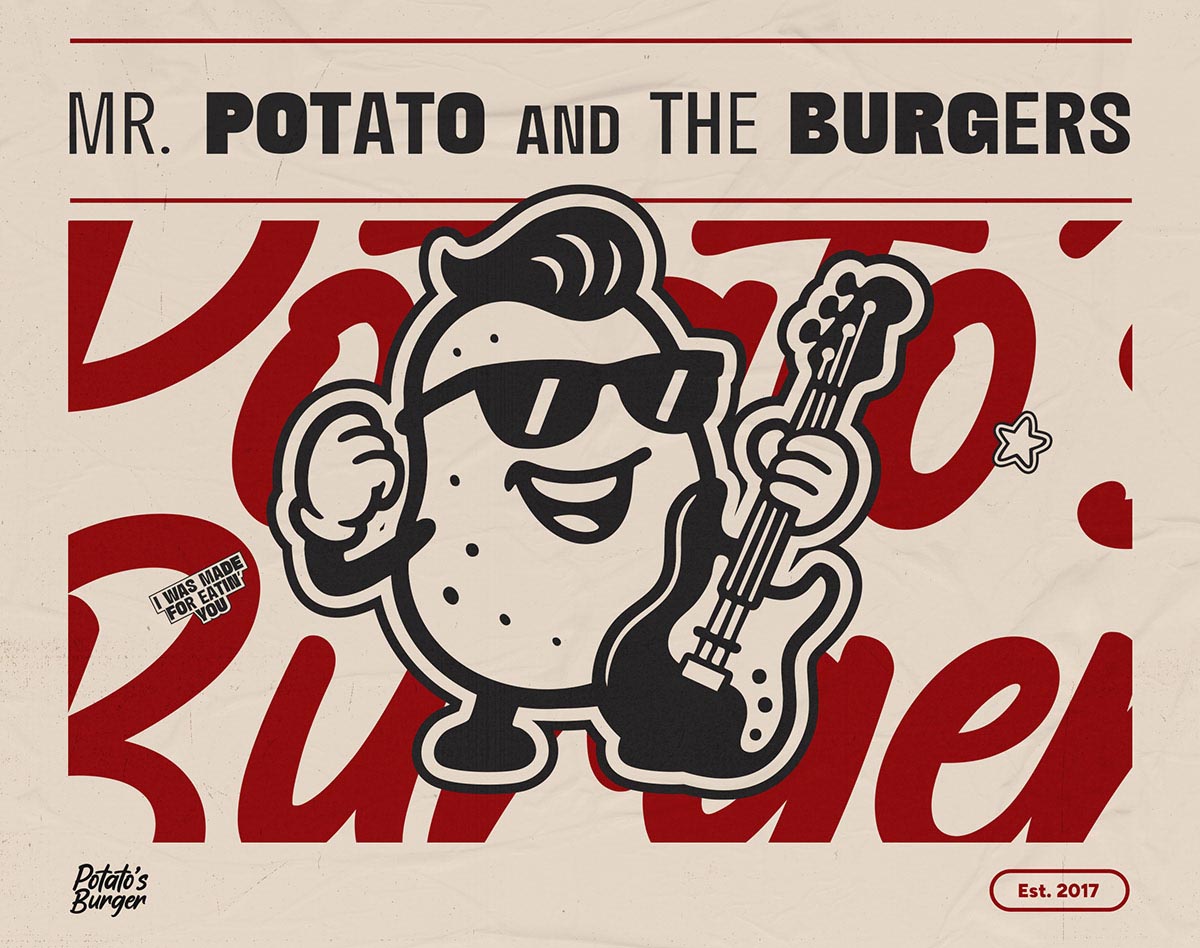 Cartaz Mr. Potato and the Burgers com o personagem de óculos escuros e baixo elétrico