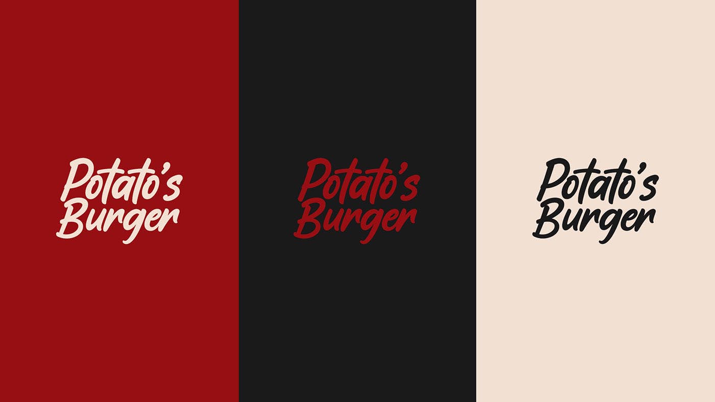 Logotipo Potato’s Burger em três versões: creme sobre vermelho, vermelho sobre preto e preto sobre creme