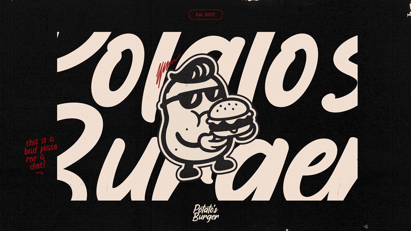 Lockup da marca em fundo preto com o Mr. Potato’s e o recado this is a bad place for a diet