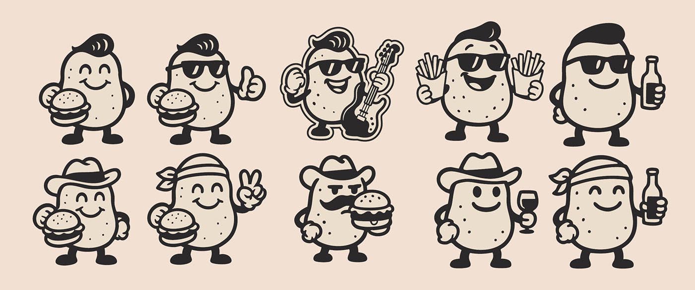 Grade de variações do Mr. Potato’s: com burger, batatas, guitarra, chapéu e bandana