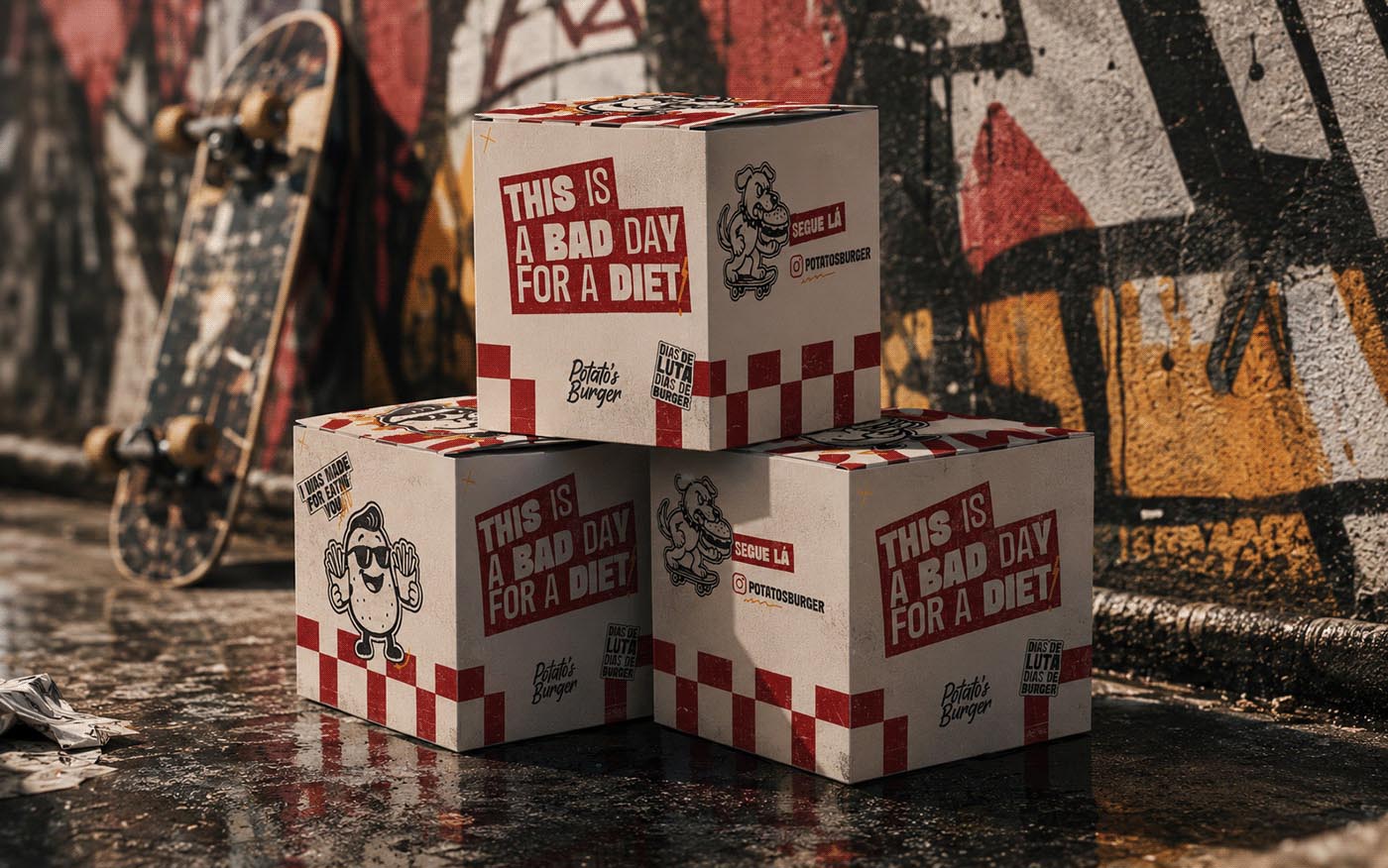 Caixas de delivery empilhadas com This is a bad day for a diet e o xadrez vermelho da marca