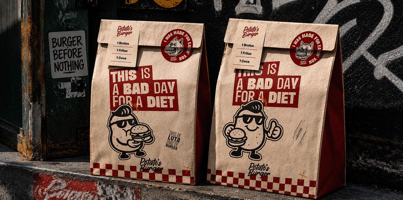 Potato's Burger — sacolas de papel com comanda e adesivo de lacre