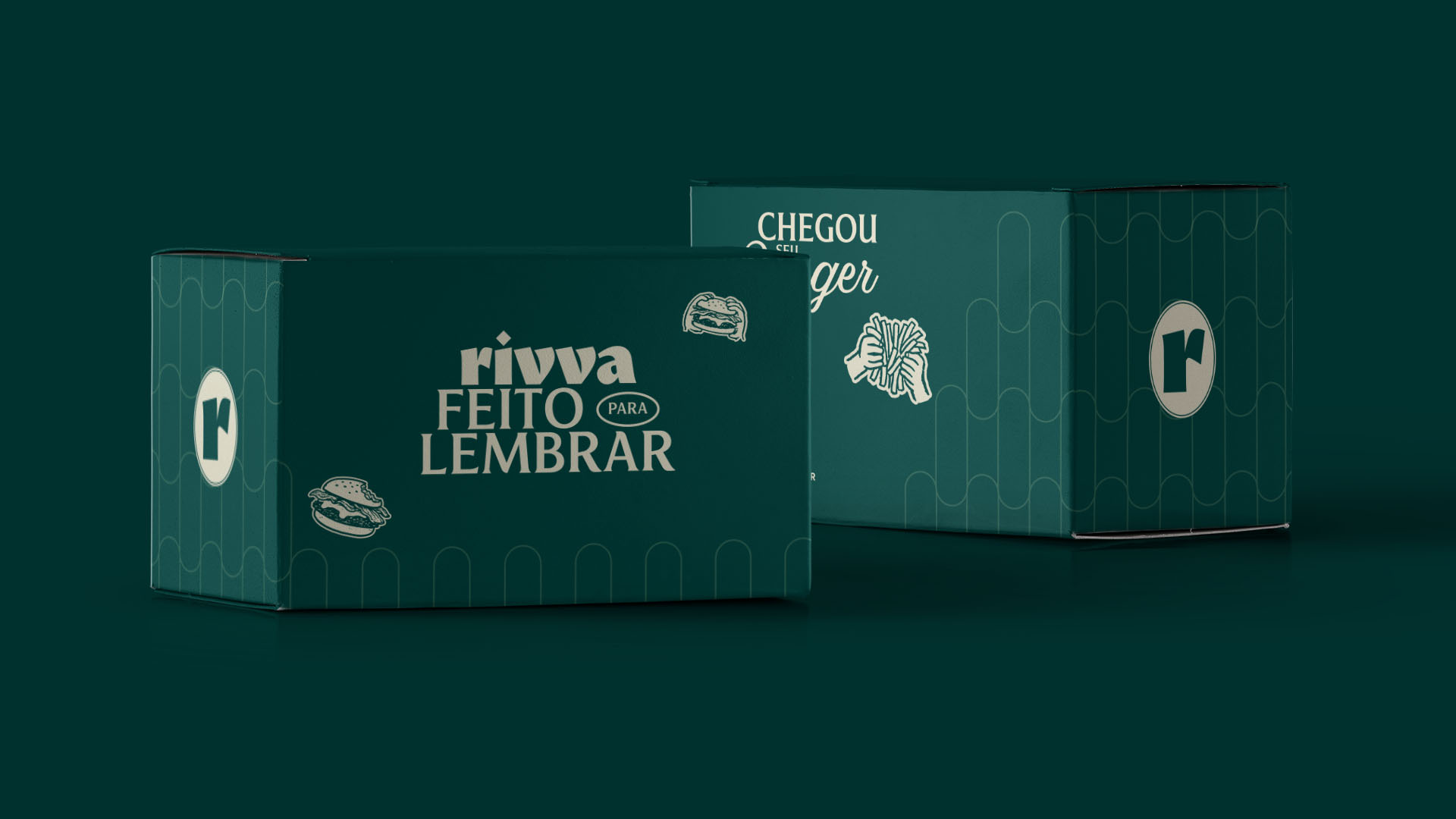 Rivva Burger — caixas verdes com padrão de arcos